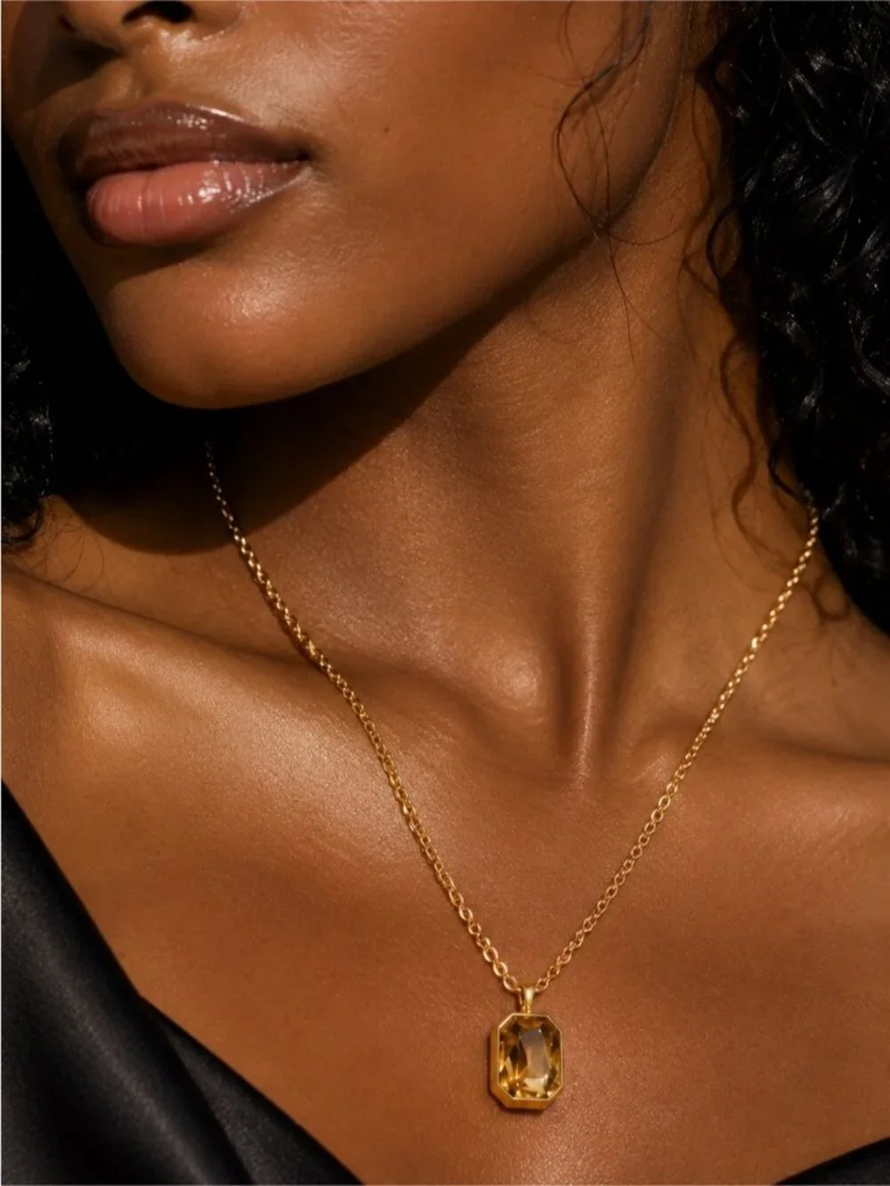 18K Gold plated Chain Necklace with Amber-Tone Faceted Pendant